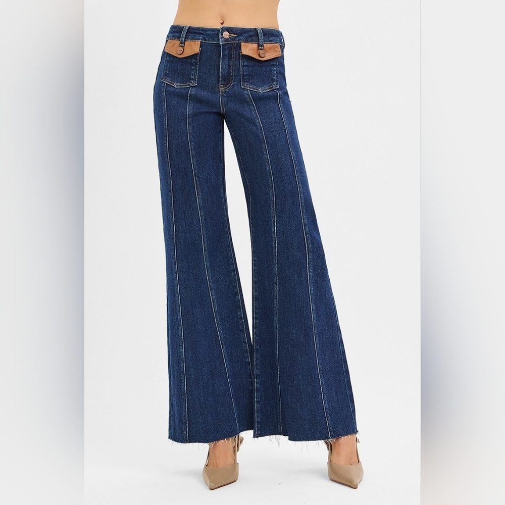 RISEN HR Dark Wide Flare Jeans Front Seam Leather Flap Patch Pocket Various NEW - Picture 12 of 13